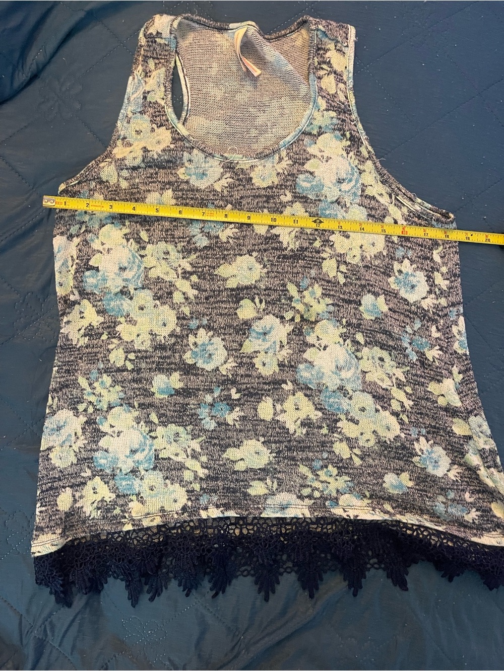 No Boundaries Blue and White Floral Lace-Hem Tank Top